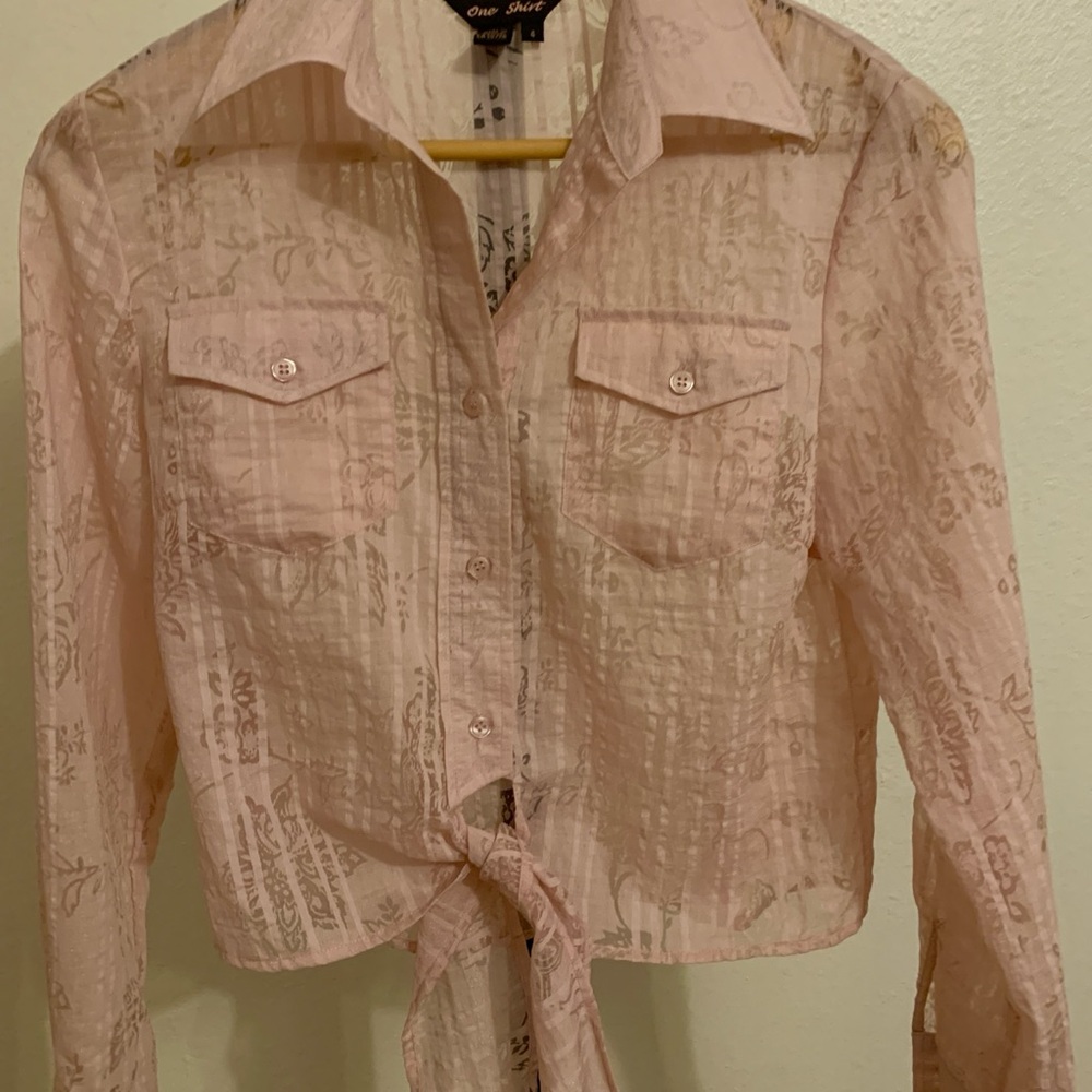 Chic Pink Sheer Tie-Front Blouse